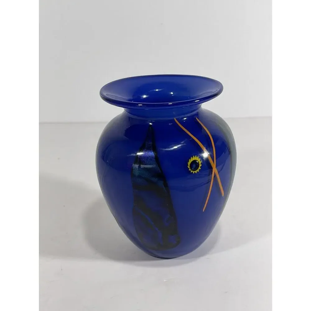 KEN & INGRID HANSON Signed Hand‎ Blown Cobalt Blue Art Glass Hand Painted Vase